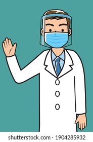 Simple line art illustration of a male doctor wearing a face shield and mask, upper body, lab coat