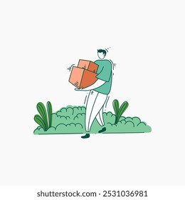 A simple line art illustration of a man carrying boxes through a grassy outdoor setting.