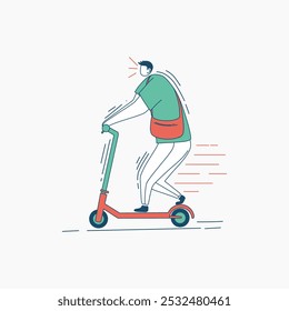 Eine einfache Linie Kunst Illustration eines Mannes fahren einen elektrischen Roller mit einer schnellen Geschwindigkeit.