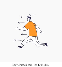 A simple line art illustration of a man running away from multiple arrows, symbolizing escape or avoidance.