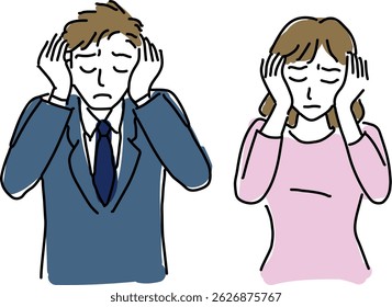 Uma simples ilustração artística em linha de um homem e uma mulher cobrindo seus ouvidos, simbolizando o ato de se protegerem de pensamentos esmagadores e vozes negativas.