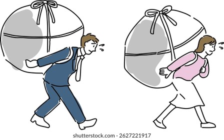 A simple line art illustration of a man and woman walking with heavy loads on their backs, symbolizing the emotional burden of stress and life’s responsibilities.