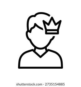 Simple line art illustration of a man wearing a crown, symbolizing leadership, success, and royalty on a white background.