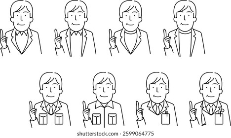 Simple Line Art Illustration of a Middle-Aged Man in a Jacket, Workwear, and Lab Coat (40s-50s)