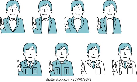 Simple Line Art Illustration of a Middle-Aged Man in a Jacket, Workwear, and Lab Coat (40s-50s)