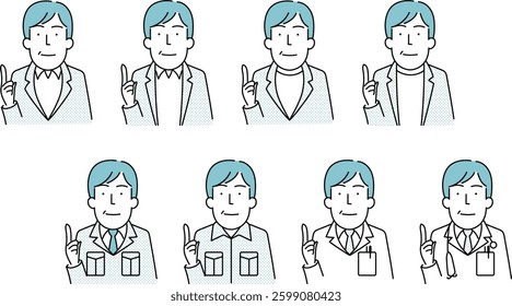 Simple Line Art Illustration of a Middle-Aged Man in a Jacket, Workwear, and Lab Coat (40s-50s)