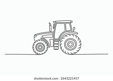 Simple line art illustration of a modern tractor on a white background. Perfect for agricultural themes, farming websites, or children's books.