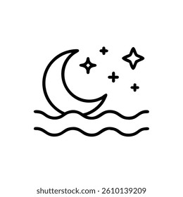 Simple Line Art Illustration of Moon, Stars, and Water	
