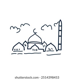 Ilustración de arte lineal simple de una mezquita con una cúpula y un minarete. Las nubes en el fondo sugieren un cielo despejado. Diseño minimalista, ideal para gráficos de temática islámica, Ramadán, celebraciones de Eid o reliquia