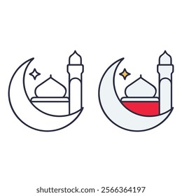 Simple Line Art Illustration of a Mosque and Crescent Moon, Ideal for Ramadan