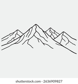 Simple line art illustration of mountain peaks, suitable for minimalist nature designs, adventure emblems, outdoor themes, or abstract landscapes. A clean and versatile vector graphic.