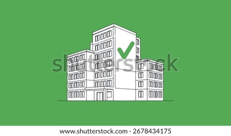 A simple line art illustration of a multi story building. A large green checkmark on the facade symbolizes approval, certification, or a successful project.