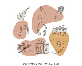 Simple Line Art Illustration of Music Production Equipment, A collection of minimalist line art icons representing various music production tools. music day vector silhouette design. music day.