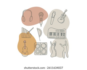 Simple Line Art Illustration of Music Production Equipment, A collection of minimalist line art icons representing various music production tools. music day vector silhouette design. music day.