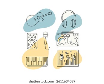 Simple Line Art Illustration of Music Production Equipment, A collection of minimalist line art icons representing various music production tools. music day vector silhouette design. music day.