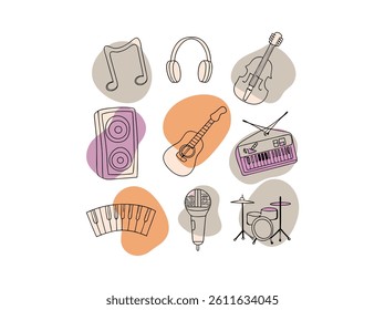 Simple Line Art Illustration of Music Production Equipment, A collection of minimalist line art icons representing various music production tools. music day vector silhouette design. music day.
