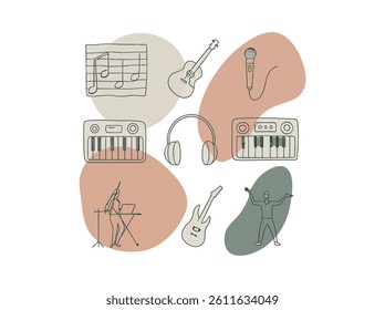 Simple Line Art Illustration of Music Production Equipment, A collection of minimalist line art icons representing various music production tools. music day vector silhouette design. music day.