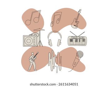 Simple Line Art Illustration of Music Production Equipment, A collection of minimalist line art icons representing various music production tools. music day vector silhouette design. music day.