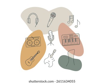 Simple Line Art Illustration of Music Production Equipment, A collection of minimalist line art icons representing various music production tools. music day vector silhouette design. music day.
