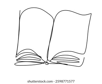 Simple line art illustration of an open book with clean lines on white background. Perfect for educational, literary, or artistic design projects.