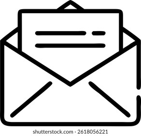 Simple line art illustration of an open envelope with a letter inside. Black and white design.