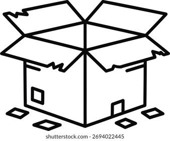 Una simple ilustración de arte lineal de una caja de cartón abierta con sus solapas extendidas hacia arriba y bordes rasgados. Pequeños cuadrados están esparcidos en el suelo.
