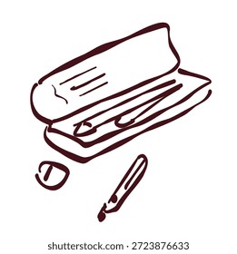 Simple Line Art Illustration eines offenen Bleistiftetuis und eines Stifts