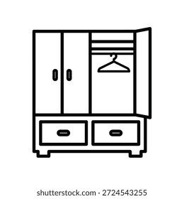 Simples ilustração de arte de linha de um guarda-roupa aberto com um cabide e duas gavetas