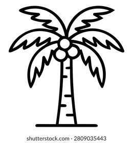 Simple line art illustration of a palm tree. Includes coconuts, trunk, and fanned leaves.