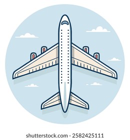 A simple line art illustration of a passenger jet soaring through the sky.