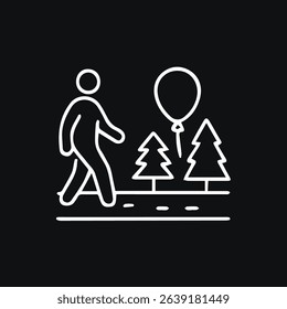 Simple line art illustration of a person walking in a park with trees and a balloon against a solid black background adding a touch of lightheartedness