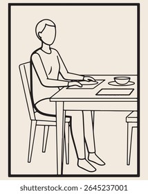 Uma ilustração de arte de linha simples de uma pessoa com uma postura relaxada sentada em uma mesa de jantar minimalista