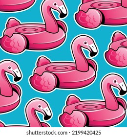 Simple Line Art Illustration of Pink Inflatable Flamingo Sticker Pattern on Bright Blue Background, Vector, Flat Animal Balloon Cartoon Style