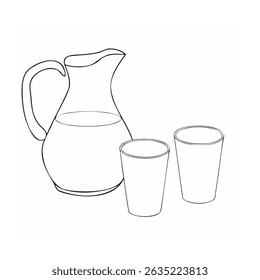 Simple line art illustration of a pitcher with liquid and two empty drinking glasses