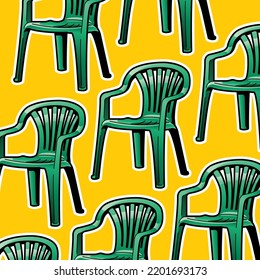 Simple Line Art Illustration Of Plastic Green Monobloc Chair Sticker Pattern On Yellow Background, Vector, Flat Chair Cartoon Style