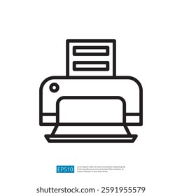 A simple line art illustration of a printer with a document emerging from it, representing printing technology and office equipment.