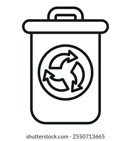 Ilustración de arte lineal simple de un contenedor de reciclaje con un símbolo de reciclaje prominente, promoviendo prácticas ecológicas conscientes