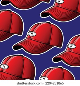 Einfache Line Art Illustration von rotem Baseball Cap-Sticker-Muster auf violettem Hintergrund, Vektorgrafik, flatter Hut-Cartoon-Stil