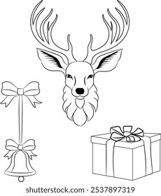 A simple line art illustration of a reindeer head, a Christmas bell, and a gift box with a bow, perfect for Christmas decorations, cards, and other festive designs.