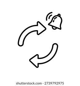 Simple line art illustration of a ringing notification bell surrounded by two curved arrows, symbolizing a cycle or reminder, on a clean white background.