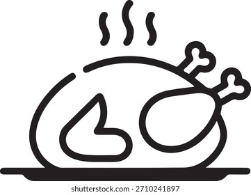 Ilustração de arte de linha simples de um frango assado ou peru em um prato, com vapor subindo. Perfeito para temas de Ação de Graças ou feriados.