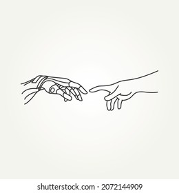 simple line art illustration of robotic and human hands touching each other. symbol of connection between people and artificial intelligence