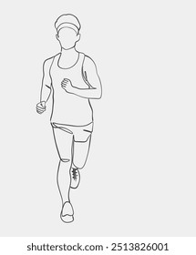 Simple line art illustration of a runner in motion, wearing athletic gear and a cap, representing fitness and exercise.