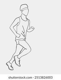 Simple line art illustration of a runner in motion, wearing athletic gear and a cap, representing fitness and exercise.