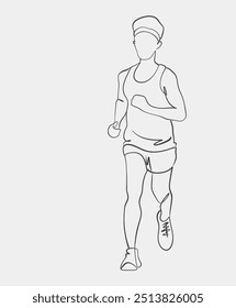 Simple line art illustration of a runner in motion, wearing athletic gear and a cap, representing fitness and exercise.