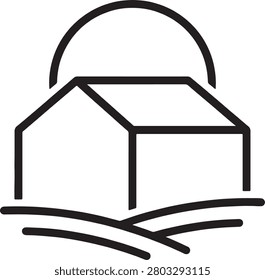 Simple line art illustration of rural house with surrounding farmland fields. Ideal graphic asset for agriculture business concepts farm real estate marketing rural development project branding and ecological countryside living promotion.