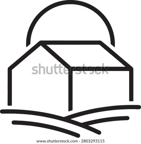 Simple line art illustration of rural house with surrounding farmland fields. Ideal graphic asset for agriculture business concepts farm real estate marketing rural development project branding and ecological countryside living promotion.
