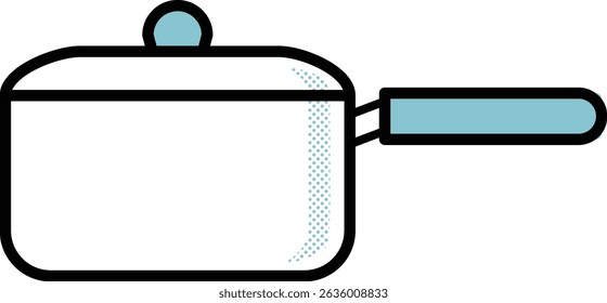 Simple line art illustration of a saucepan with lid. Minimalist vector design with blue handle on white background, ideal for cooking, kitchen tools, household items, and culinary concepts.