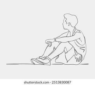 Simple line art illustration of a seated person in casual clothing, facing sideways, emphasizing minimalistic design and clean lines.