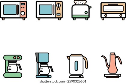 Simple Line Art Illustration Set of Kitchen Appliances (color)
